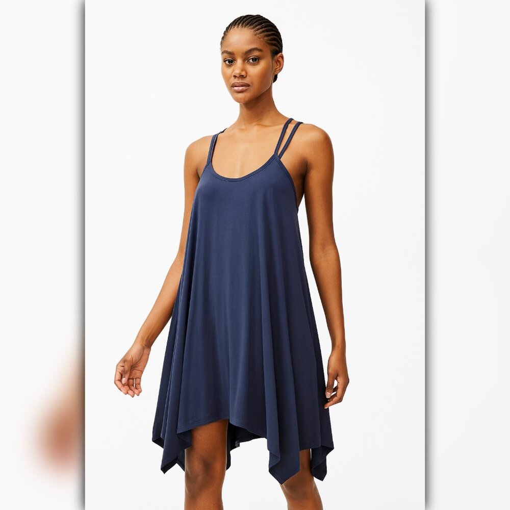A444 β’ Navy Strappy Handkerchief Hem Trapeze Mini Dress